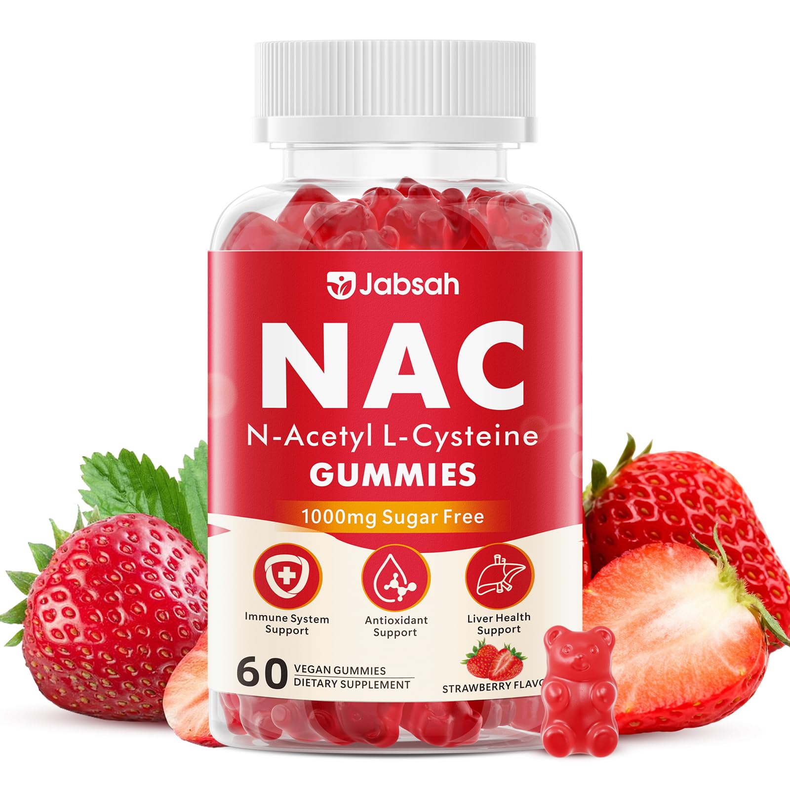 NAC Supplement for Kids & Adults, Nac Gummies 1000mg N Acetyl Cysteine Supplement with Selenium, Support Antioxidants, Lung & Liver Health & Immune System, Sugar-Free, Strawberry Flavor, 60 Count 60 Count (Pack of 1)