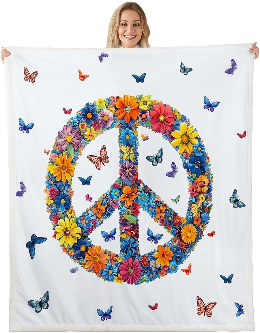 Erosebridal Peace Symbol Fleece Blanket Rainbow Flowers Decor Throw Blanket Hippie Butterfly Bohenmian Sherpa Blanke Queen 90"X90",Artwork Flannel Blanket for Kids Boys Teens Bedroom