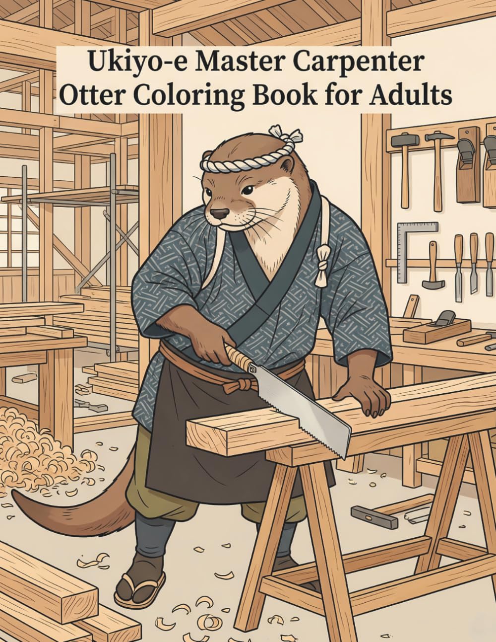 Ukiyo-e Master Carpenter Otter Coloring Book for Adults: Traditional Japanese Woodworking Art and Craftsmanship for Stress Relief and Relaxation