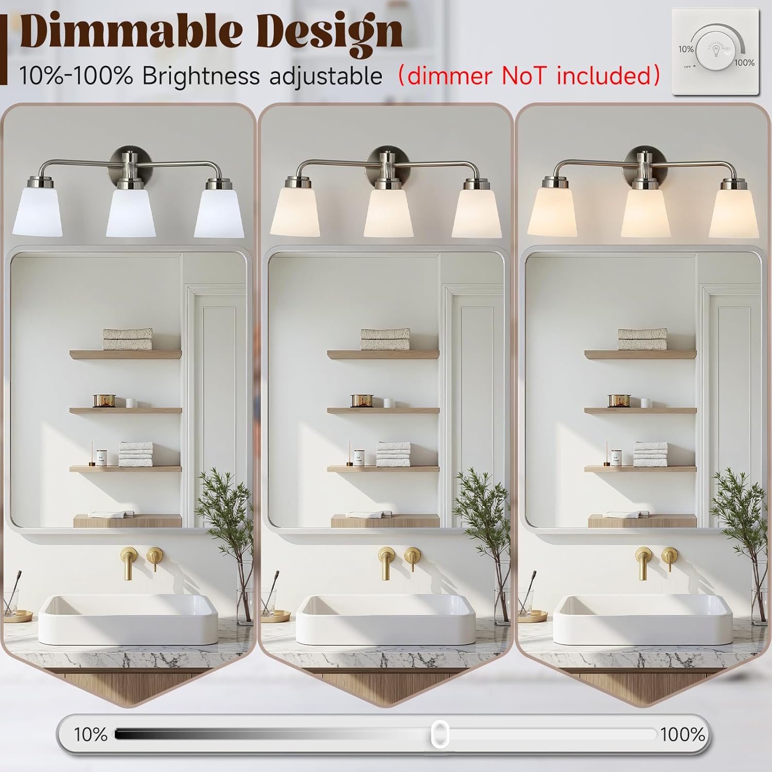 Bathroom Vanity Light, 3-Light Bathroom Light Fixture Over Mirror, Vanity Light Fixtures with Milky White Glass, Modern Wall Sconce for Bathroom Bedroom Hallway Kitchen, Brushed Nickel