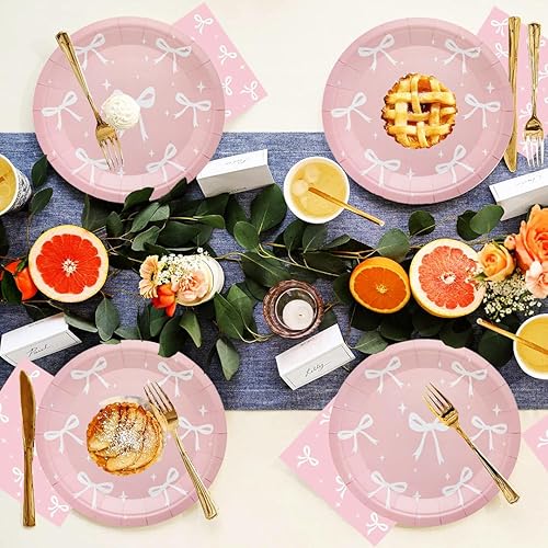 Miniatura 7 de 100 piezas de suministros para fiesta de cumpleaños con lazo rosa, juego de vajilla de lazo rosa de 9 y 7 pulgadas, platos de lazo rosa, tazas con