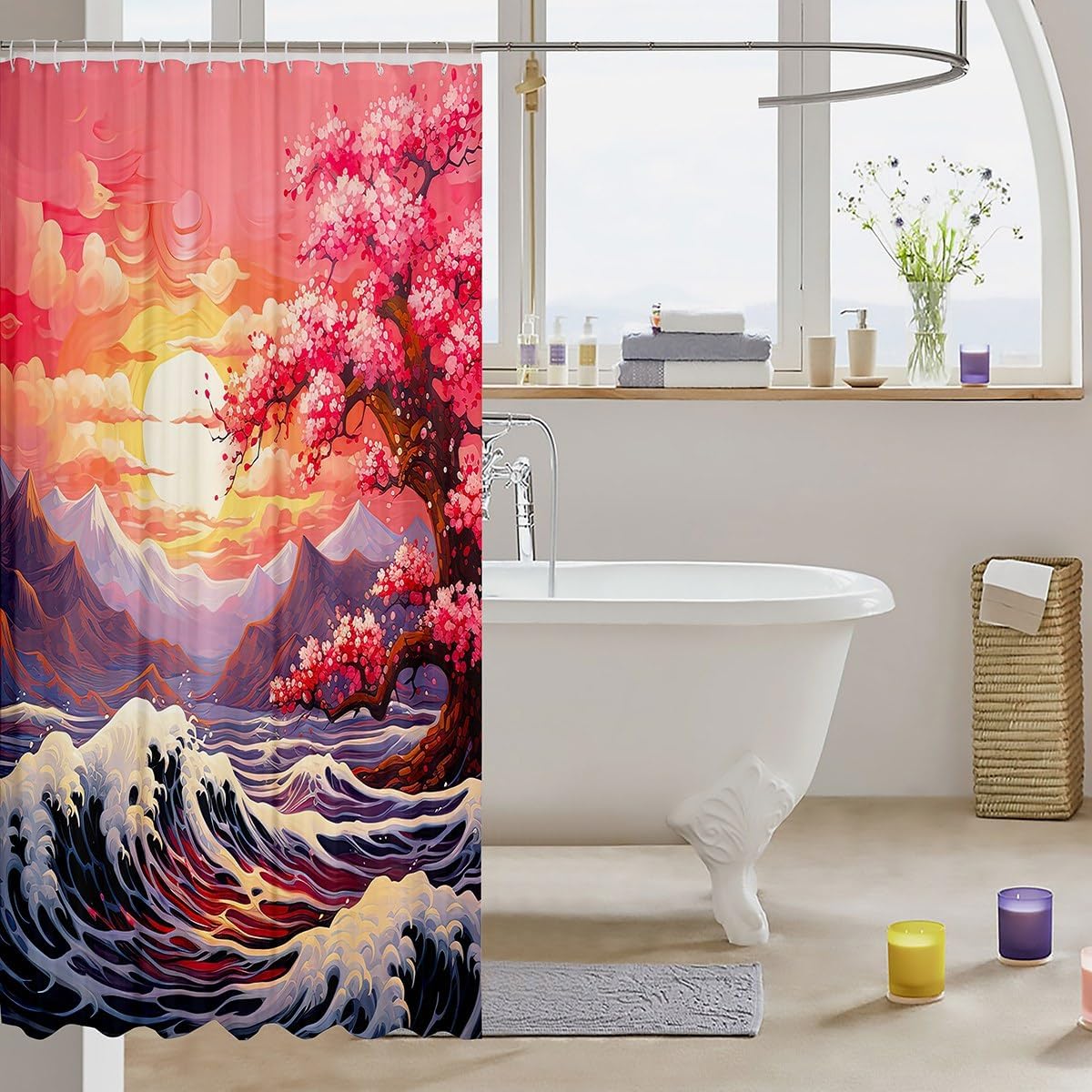 Japanese Ukiyoe Bathroom Shower Curtain Sets Hokusai Ocean Wave Decor Fabric Shower Curtain Pink Romantic Gifts for Her,Cherry Blossom Waterproof Bathroom Curtains Mount Fuji Shower Curtain 72"Wx78"L image 3