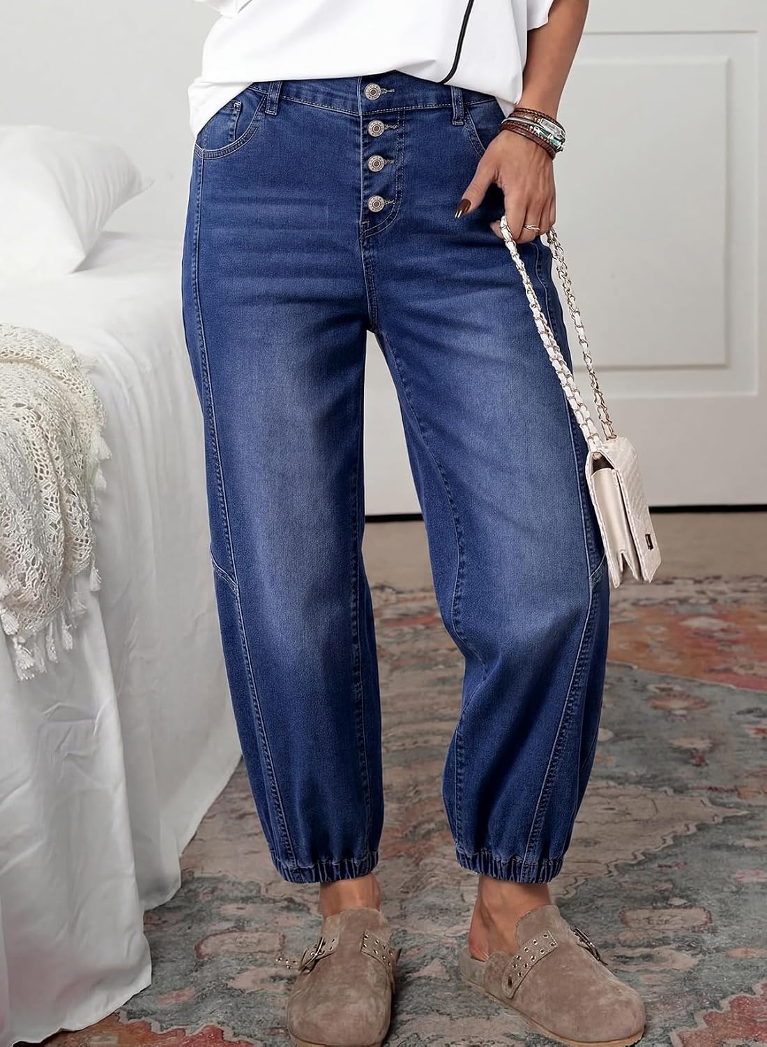 Dokotoo Barrel Jeans for Women Button Front Baggy Denim Pants with Pockets
