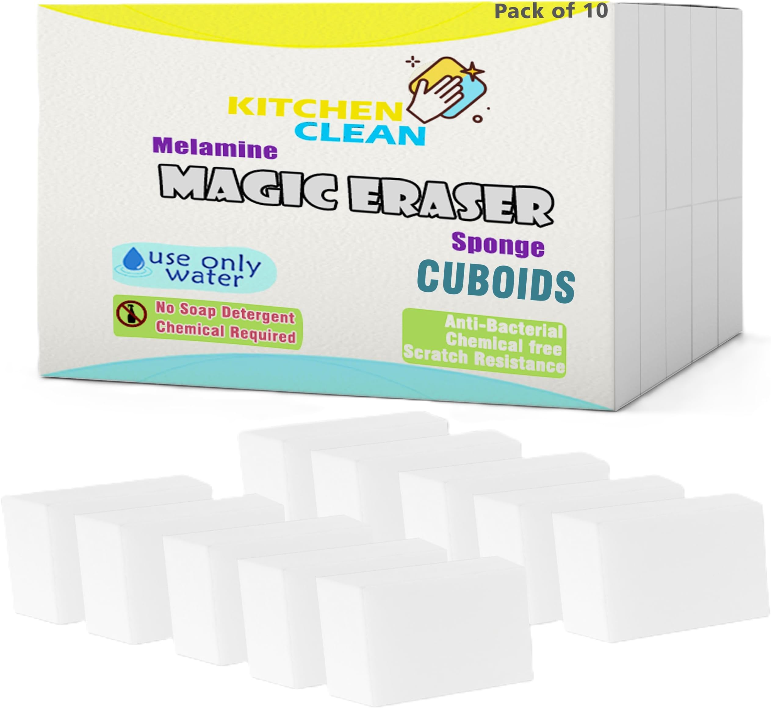 - Kitchen Clean ™ Magic Eraser Cuboids | Chemical Free Multipurpose Nano-tech Magic Sponge | Switch Boards Taps Wall Stain Remover Glass Shoes Sneakers Cleaning Sponge Cut Cuboids (Pack of 10 Cuboids)