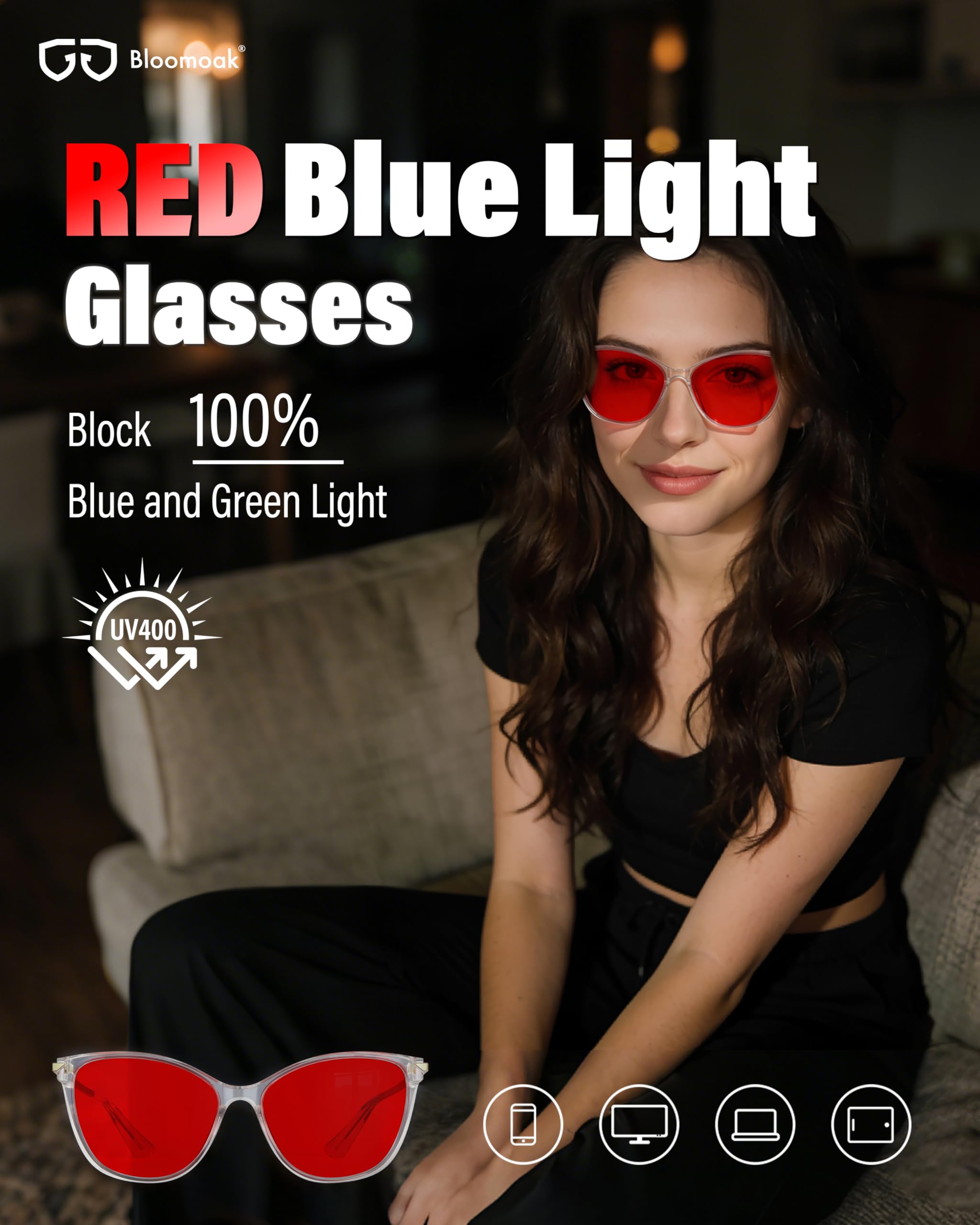 Bloomoak Gafas para Dormir con Lente Rojo Oscuro, Montura Cat Eye Grande y Elegante, Bloqueo 100% de Luz Azul y Verde, Antifatiga Ocular para Mujer (Marco transparente) - 2