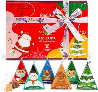 ETS - Teegeschenk mit Schleife Red Santa Christmas | BIO Wintertee Set | Geschenk Weihnachten Wichtelgeschenk Weihnachtsdeko | 12 Pyramidenbeutel