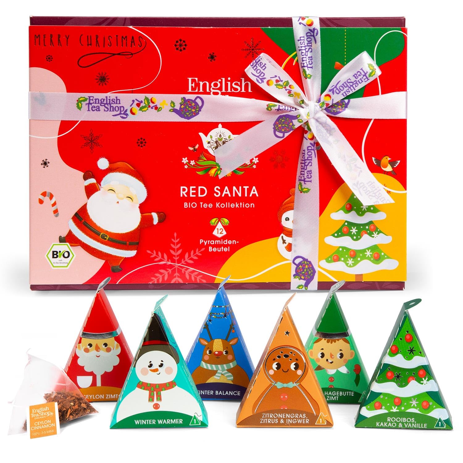ETS - Teegeschenk mit Schleife Red Santa Christmas BIO Wintertee Set Geschenk Weihnachten Wichtelgeschenk Weihnachtsdeko 12 Pyramidenbeutel Lebensmittel & Getr nke   2. Dezember 2023