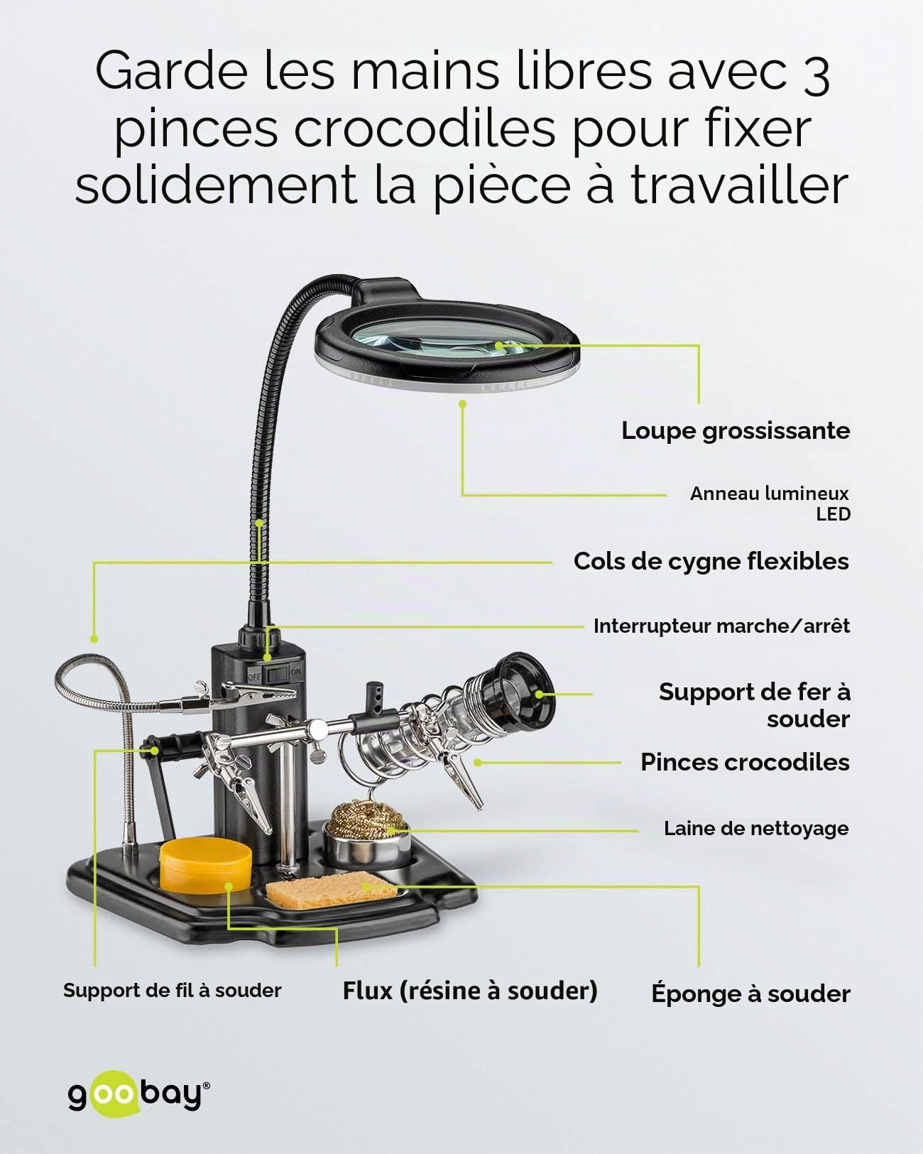 Fixpoint goobay 45241 Aide au soudage avec lampe LED/Pince crocodile col de cygne Loupe avec lampe LED/loupe grossissante 3x / support de fer à souder intégré, éponge et laine de nettoyage / 1 pièce