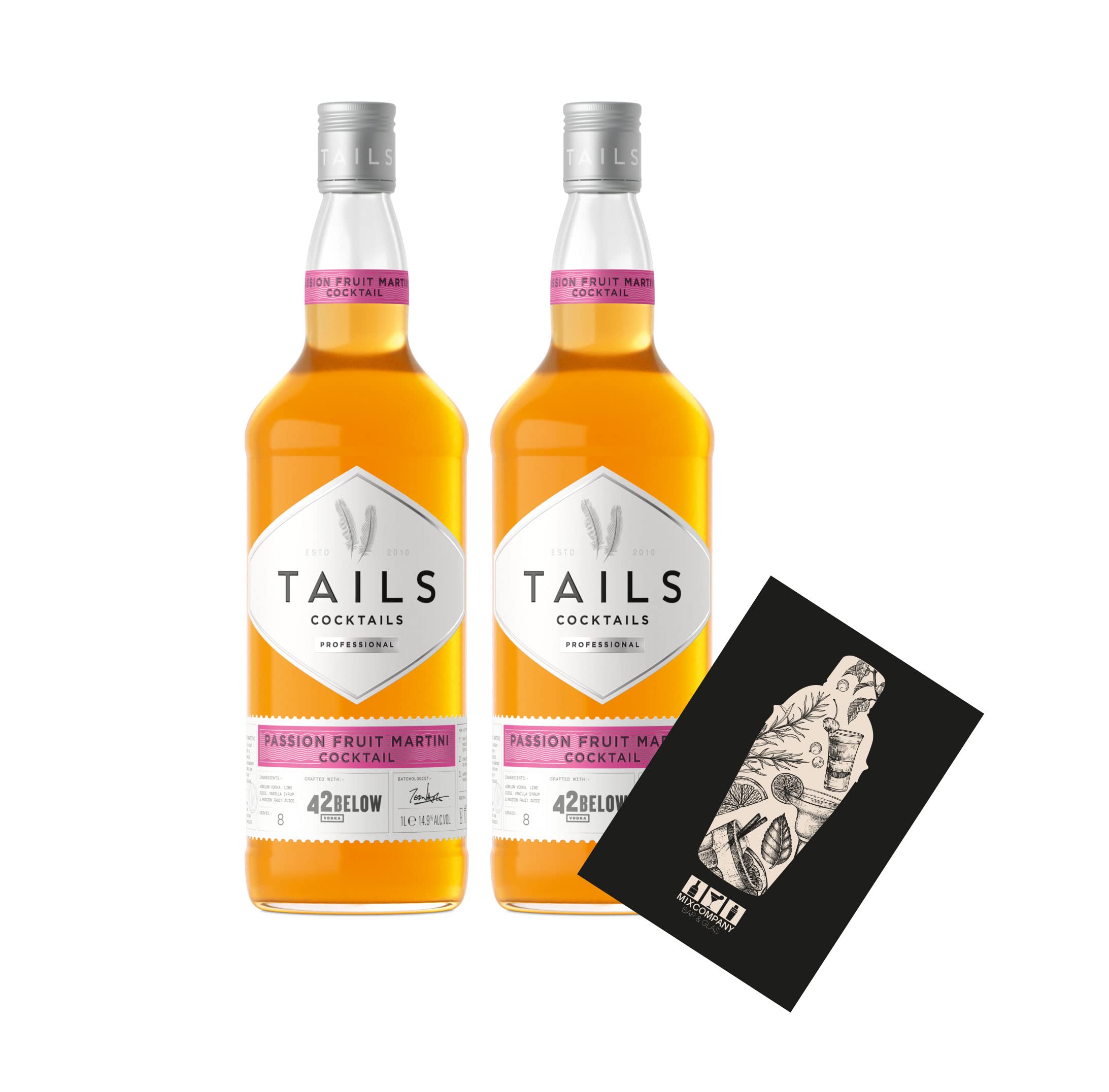Tails Cocktails 2er Set Pornstar Martini 2x 1L (14,9% Vol) Fertig Cocktail Ready to Drink mit Mixcompany Grußkarte - [Enthält Sulfite]