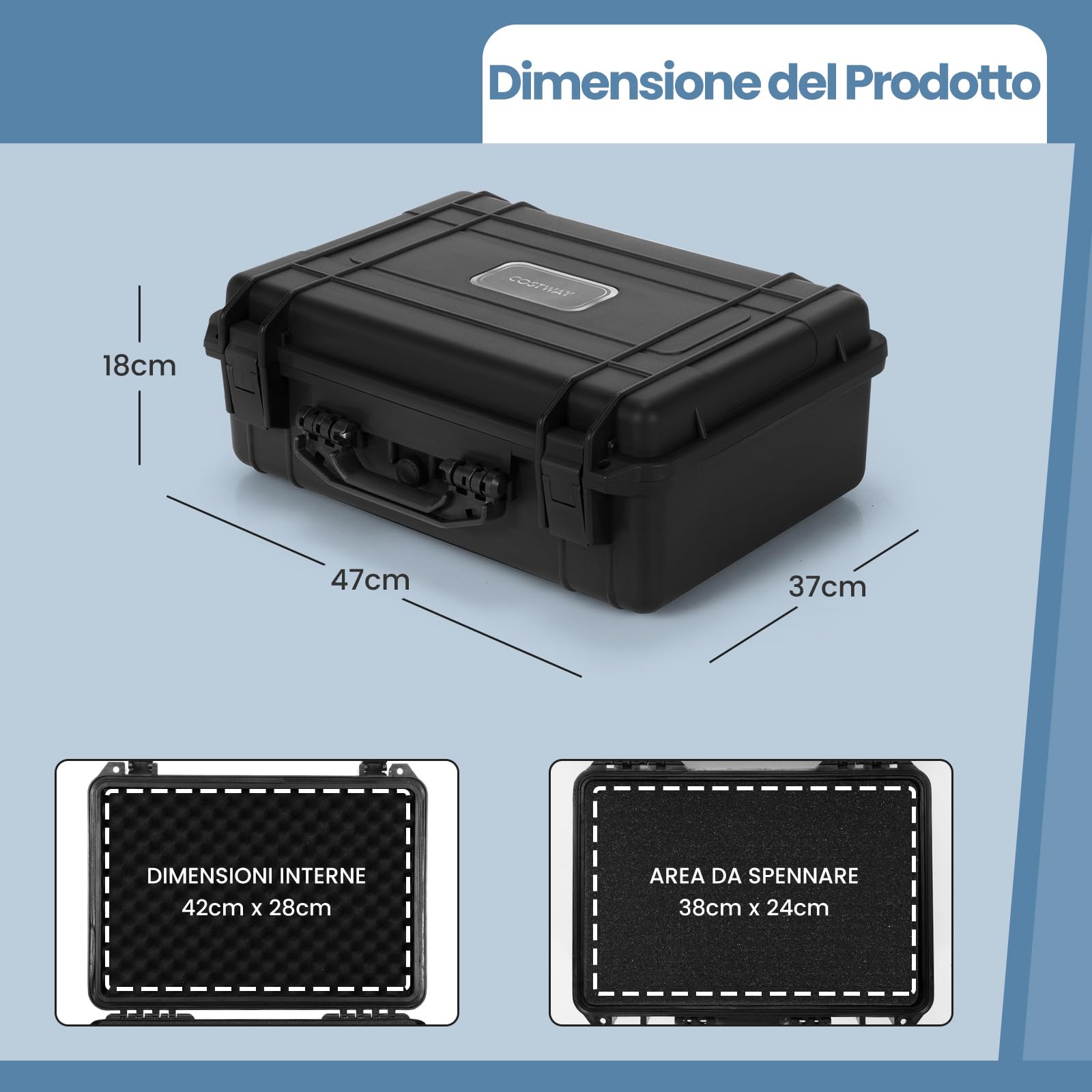 GYMAX Valigia Impermeabile Rigida, con Spugna Protettiva, Adatto per Macchina Fotografica, Videocamera, Ideale per Trasporto e Viaggio, Nero (47 x 37 x 18 cm)