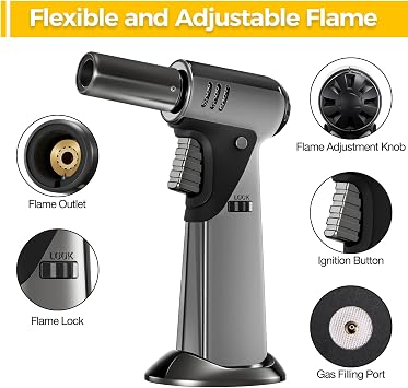 Butane Torch, Butane Refillable Kitchen Cooking Torch, Torch Lighter with Safety Lock And Adjustable Flame For BBQ, Baking, Brulee Creme, Crafts and Soldering(Butane Gas Not Included)
