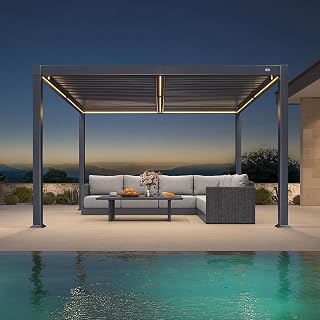 PURPLE LEAF Pergola 3 × 3,65 m LED Alu-Lamellendach mit Entwässerung, Grau | Solar- & USB-Stromversorgung, 3 Lichtfarben, Robuster Alurahmen, Verstärkte Pfosten Wetterbeständig, Klare Montageanleitung