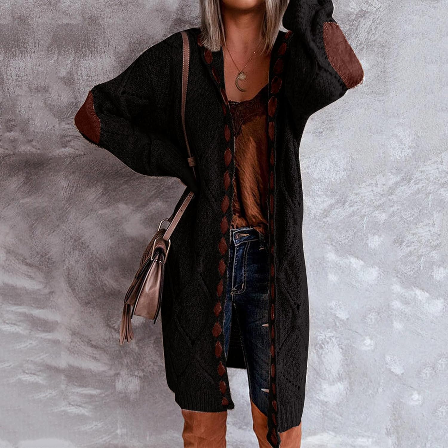 Women's Patchwork Cardigan Long Sleeve Cardigan Knit Sweater Jacket Sweaters for Sweaters