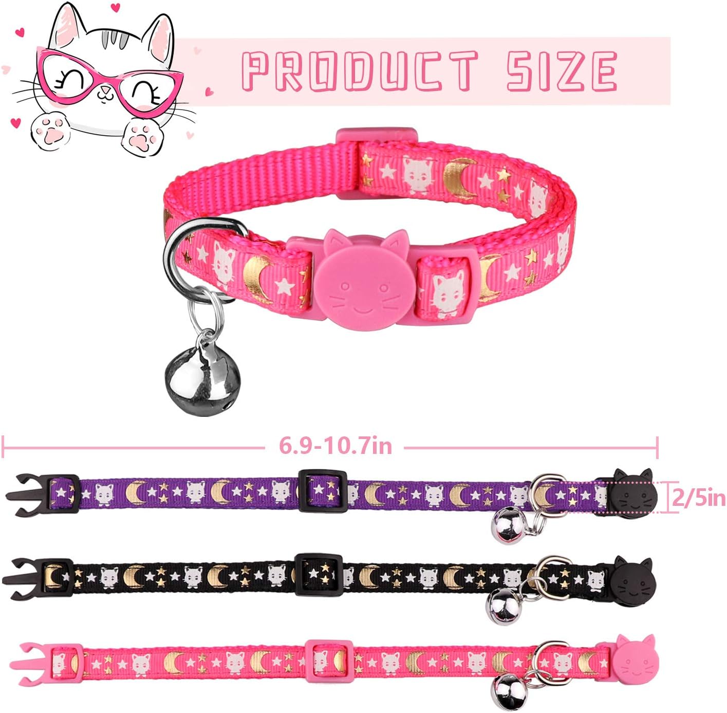 3 PCS Breakaway Cat Collars with Bell Golden Moon Glowing Cat and Stars in The Dark for Kitten(Purple&Black&Pink)