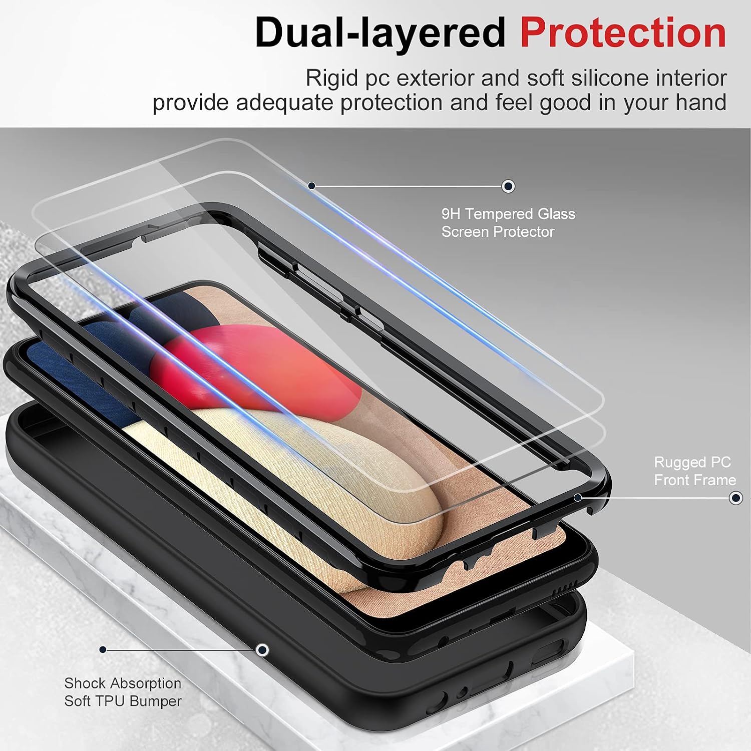 LeYi for Samsung Galaxy A02S Case, Samsung A02S Case with [2 x Tempered Glass Screen Protector], Full-Body Shockproof Soft Liquid Silicone Hybrid Protective Phone Cover Case for Galaxy A02S, Black