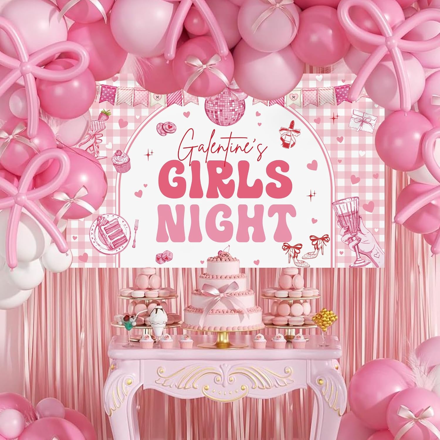 AIBIIN 6x3.6ft Galentine's Girls Night Backdrop Banner, Happy Galentine's Day Background Girls Theme Party Ladies Galentines Day Party Decorations Photo Booth Props