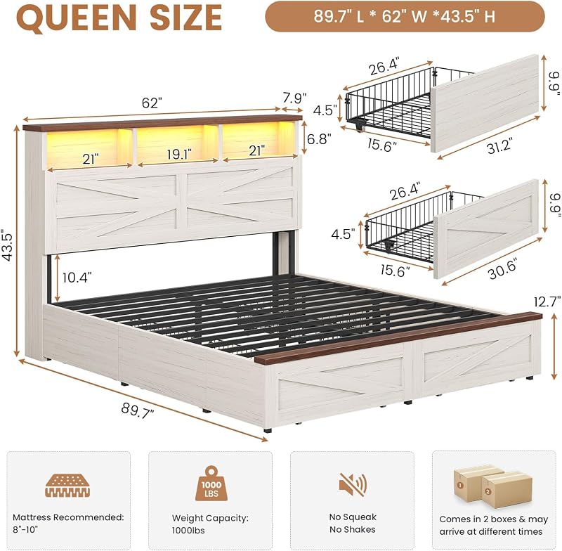 VIAGDO Queen Bed Frame with 6 Drawers, Farmhouse Bed Frame with Barn Door Headboard and Storage, Wood Platform Bed Frame Queen Size with Charging Station and LED Lights, No Box Spring Needed, White image 2