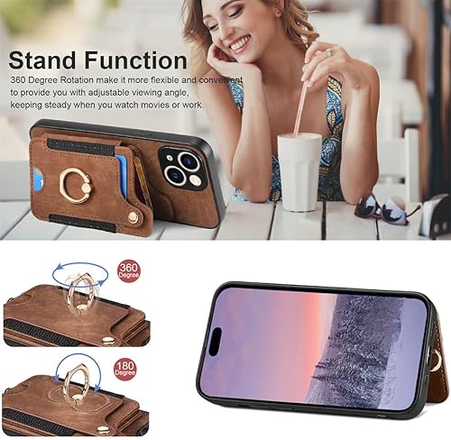 Miniatura 4 de JanCalm Funda con tarjetero para iPhone 15 Plus, soporte con anillo, bloqueo RFID, protector de cámara, correa protectora magnética de cuero para