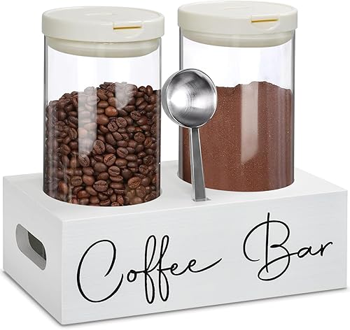 Contenedores de café de vidrio con estante, organizador de estación de café, frascos de almacenamiento de granos de café con cuchara, almacenamiento