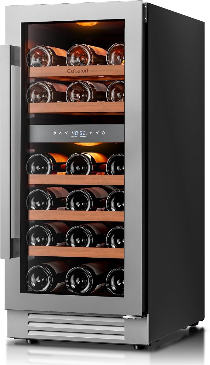 Ca'Lefort 15 Inch Wine Fridge, 28 Bottle Dual Zone Wine Cooler | 40-65°F Touch Control, Dual-Pane Glass Door, Adjustable Shelves, 3 Color LED, Built-In or Under Counter for Home Bar Kitchen