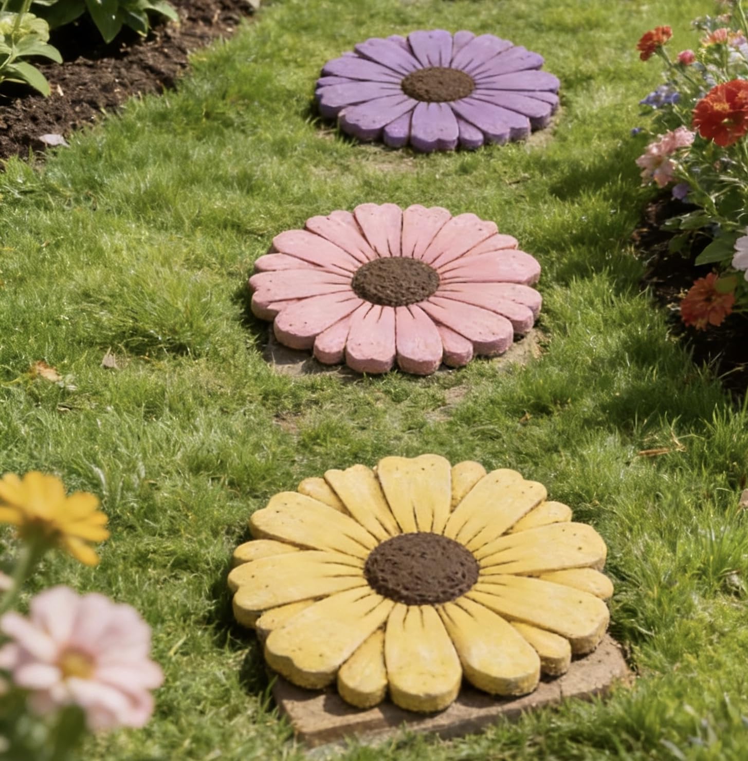 2 Pack Daisy Cement Stepping Stones 10 Inch, Heavy Duty Garden Pathway Stones, Non Slip Outdoor Walkway Decor for Yard Patio Lawn, Weather Resistant Cement Stepping Stones (Pink)