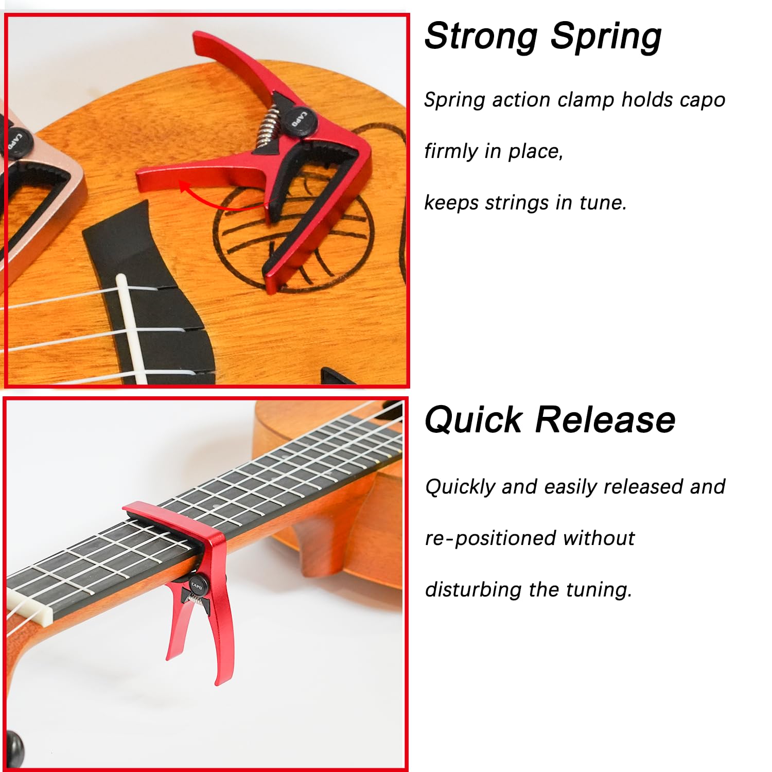 Kapodaster ukulele na 4-strunową gitarę i mandolinę, mini rozmiar profesjonalne ukulele kapodaster czerwony
