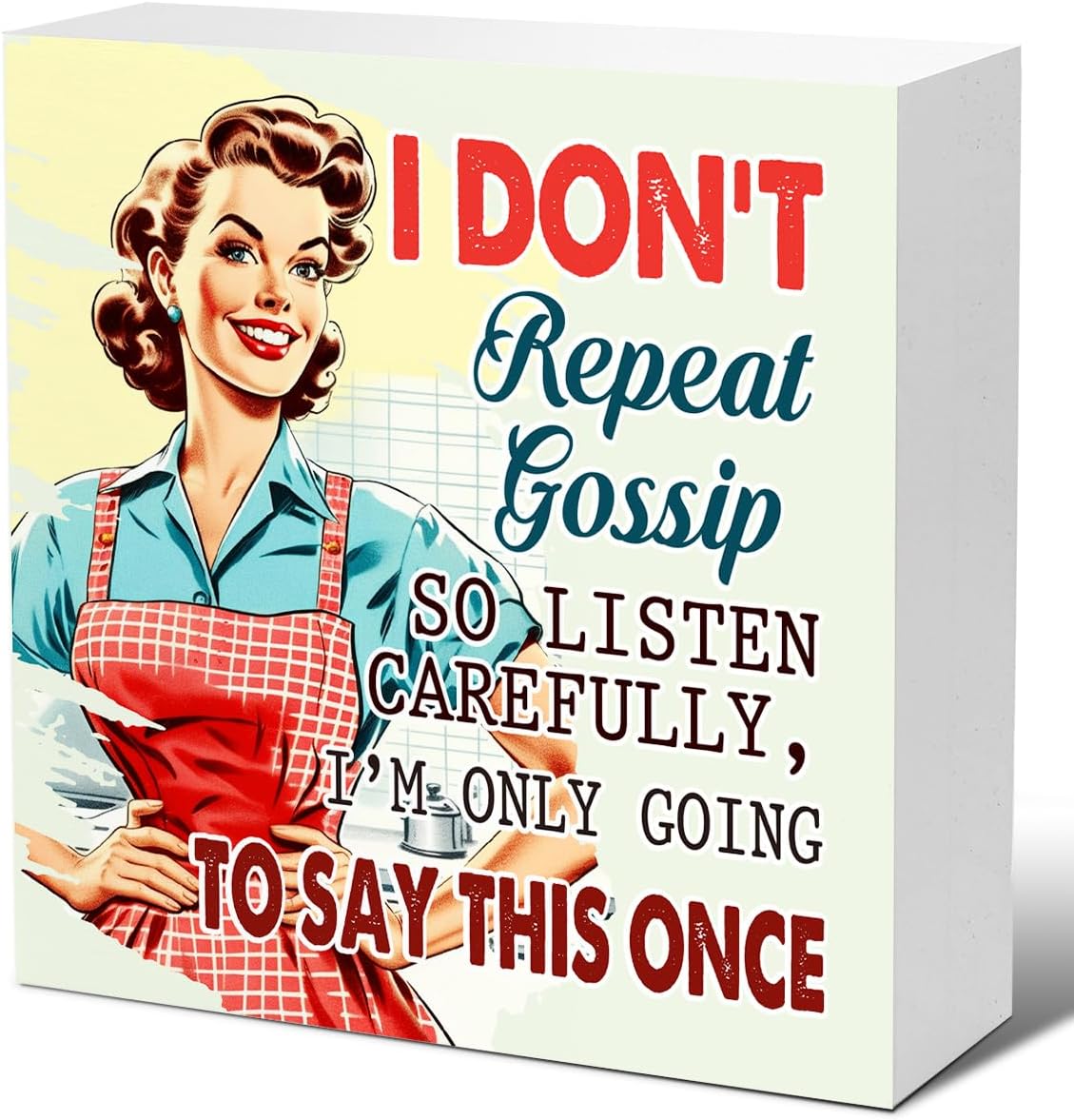 LVQHIFunny Kitchen Wood Block Signs,Housewife I Don't Repeat Gossip so Listen Carefully Wooden Box Sign for Home Shelf Farmhouse Kitchen Tabletop Desk Decor,50's 60's Humorous Kitchen Sign Decor V658