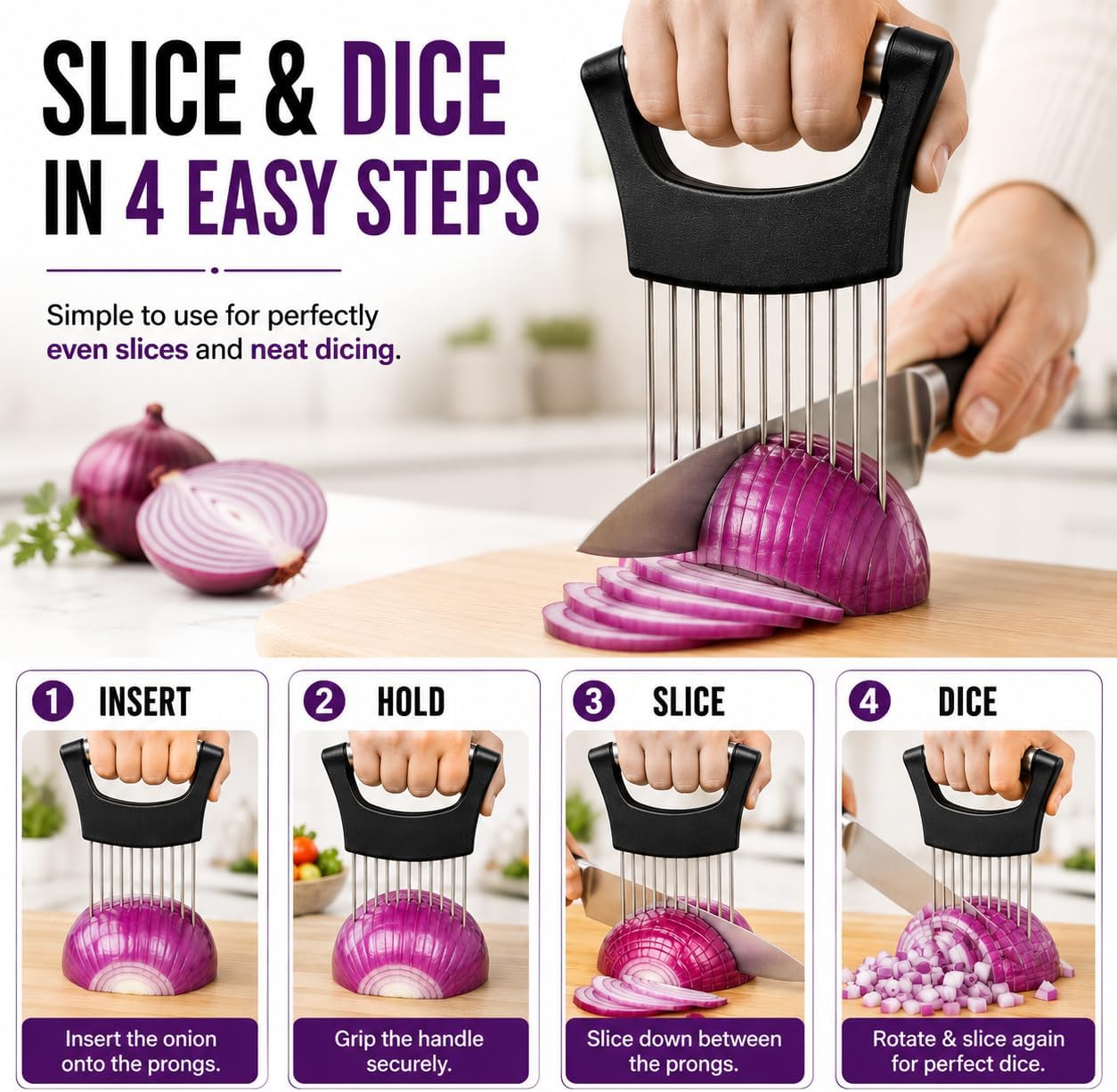 Onion Slicer Holder, 304 Stainless Steel Onion Cutter Tool with 10 Prongs, Vegetable Cutting Guide for Safe & Even Slicing, Food Prep Holder for Onion, Tomato & Potato