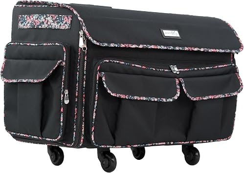 Everything Mary XXL 4 Wheeled 360 Degree Sewing Machine Trolley Bag on Wheels Black with Floral Trim, Sewing Machine Storage Case for Large Embroidery Machines-Brother, Singer, Bernina and Most