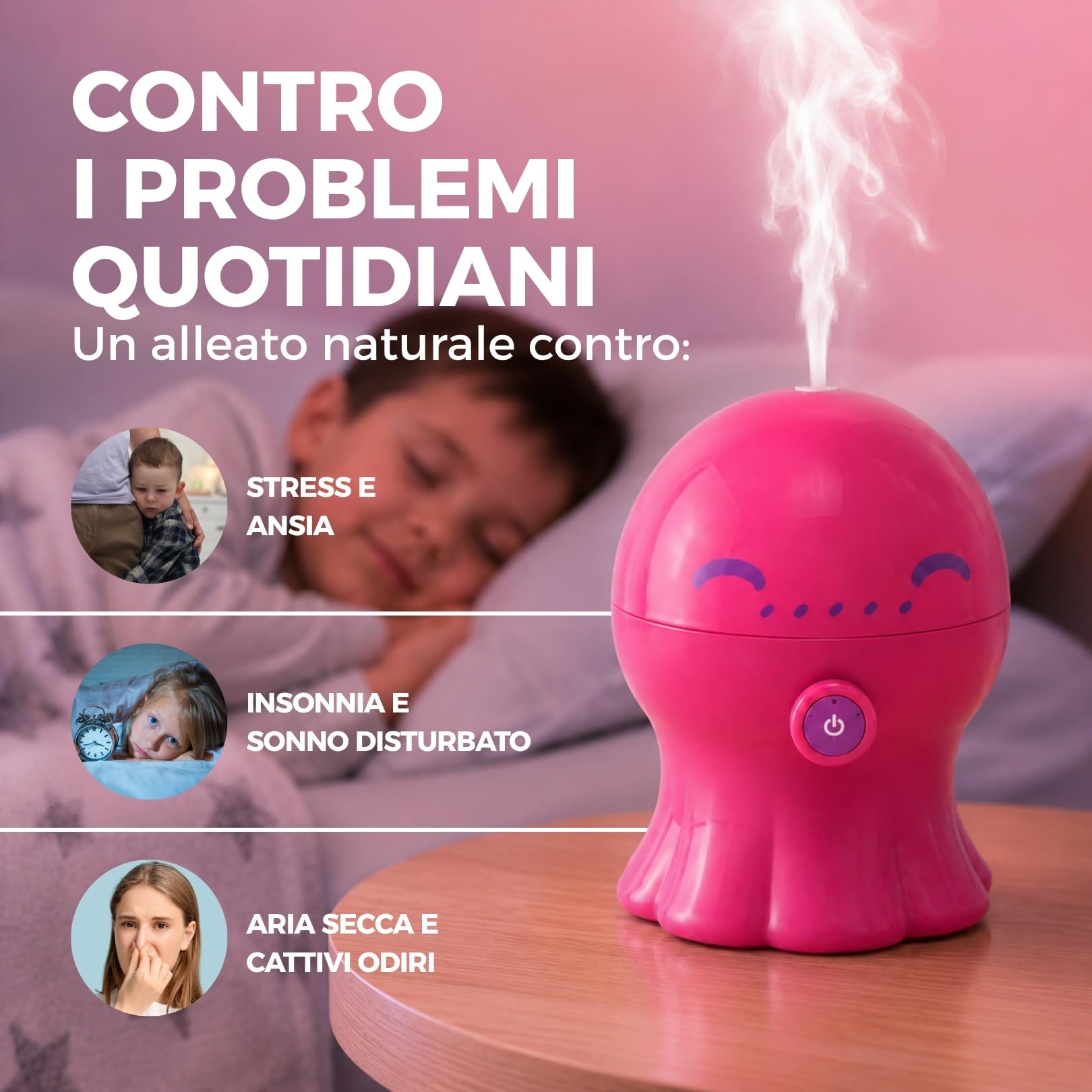 POLLY Umidificatore Ambiente Bambini 300ml con Luce Notturna e Timer Diffusore per Ambienti di Aromi e Oli Essenziali Umidificatore Ambiente Ultrasuoni Aromaterapia Autospegnimento Rosa Gisa Wellness