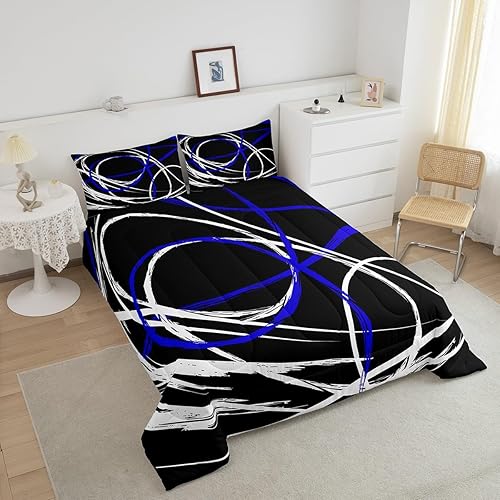 Miniatura 4 de Castle Fairy Juego de edredón de rayas espirales abstractas, tamaño individual, juego de ropa de cama de líneas azules y negras para niños y