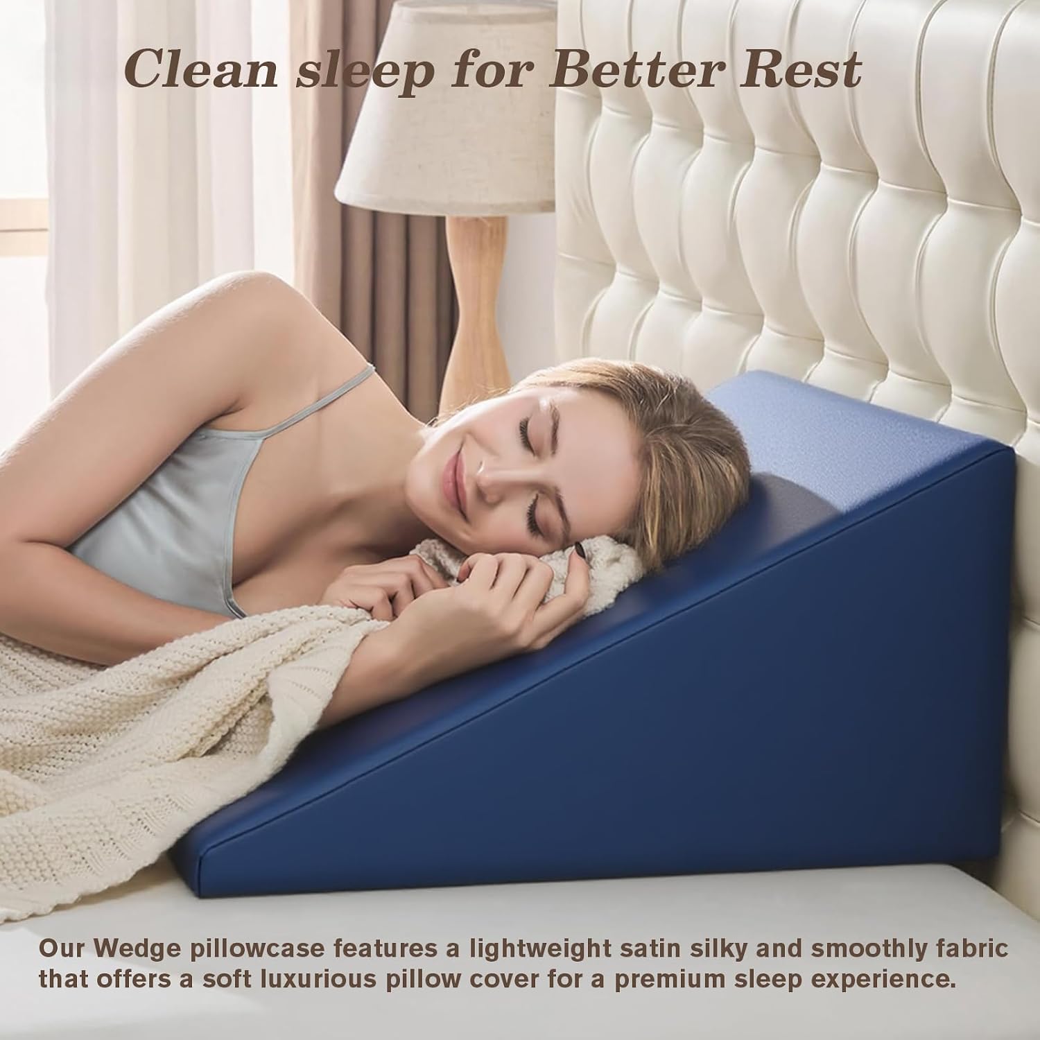 Wedge Pillow Case Cover for Style Protection, Thickened Satin Fabric Soft & Skin-Friendly, Wedge Pillow Cover with Zipper for Easy Install, Machine Washable (Navy Blue, 25"x25"x8")