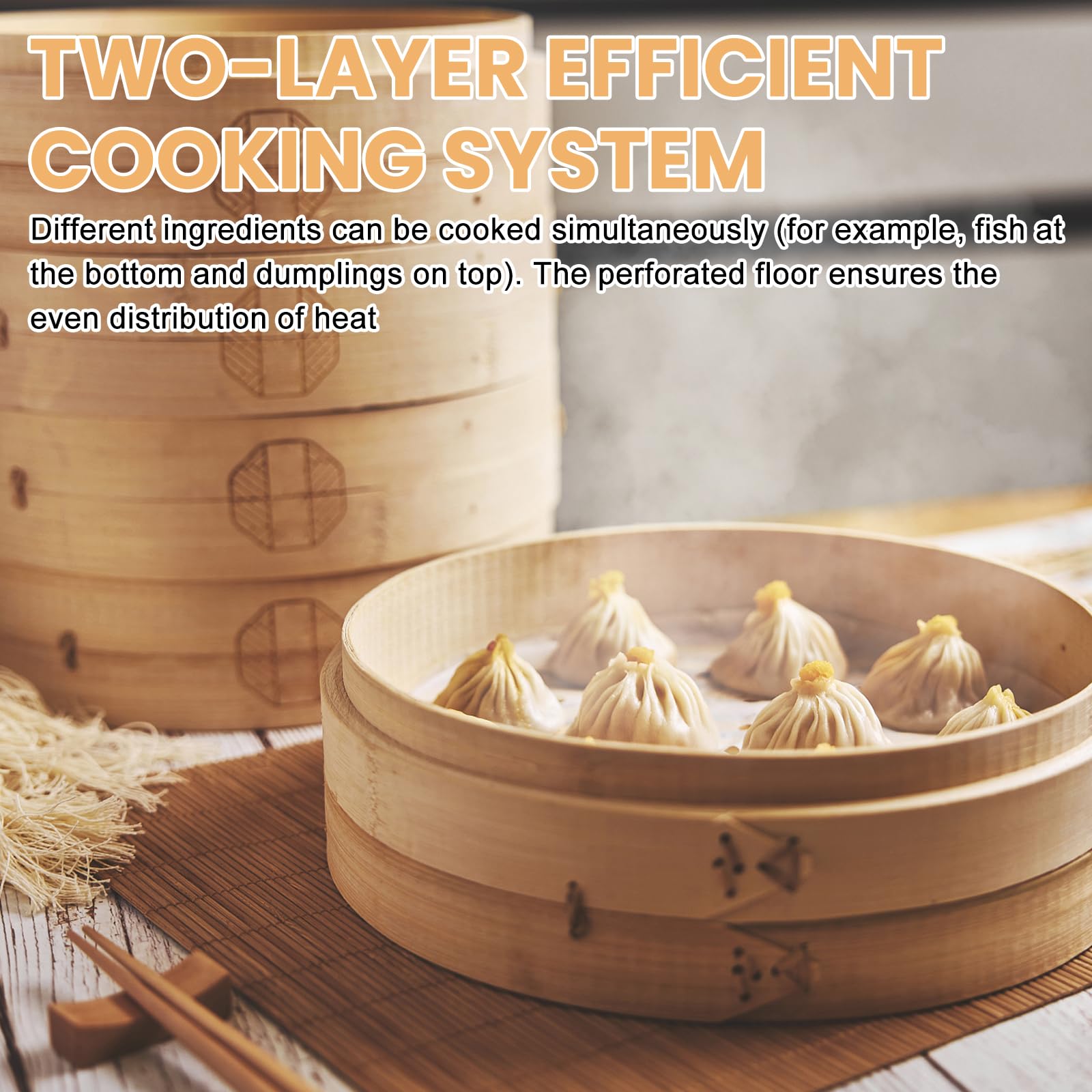 Bambusowa 2-poziomowa kuchenka do parowania: Bambusowa parowar o średnicy 21 cm z pokrywką i 5 matami nieprzywierającymi, do ryżu, dim sum, warzyw, ryb i mięsnych ravioli