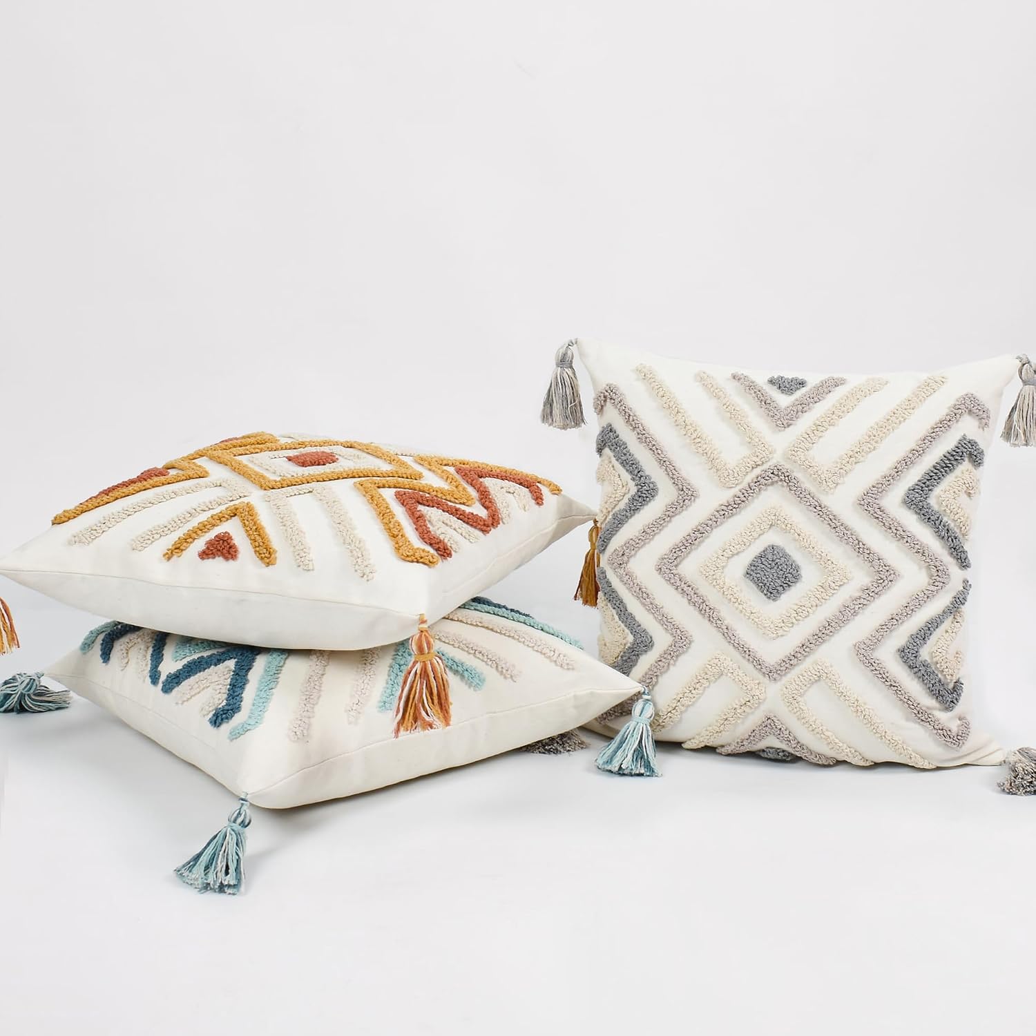Boho Pillow Covers 18X18 Inch Boho Tufted Throw Pillow Covers Decorative Tassels Cushion Cover Farmhouse Pillow Case for Couch Sofa Bed Living Room Bedroom, Teal image 5