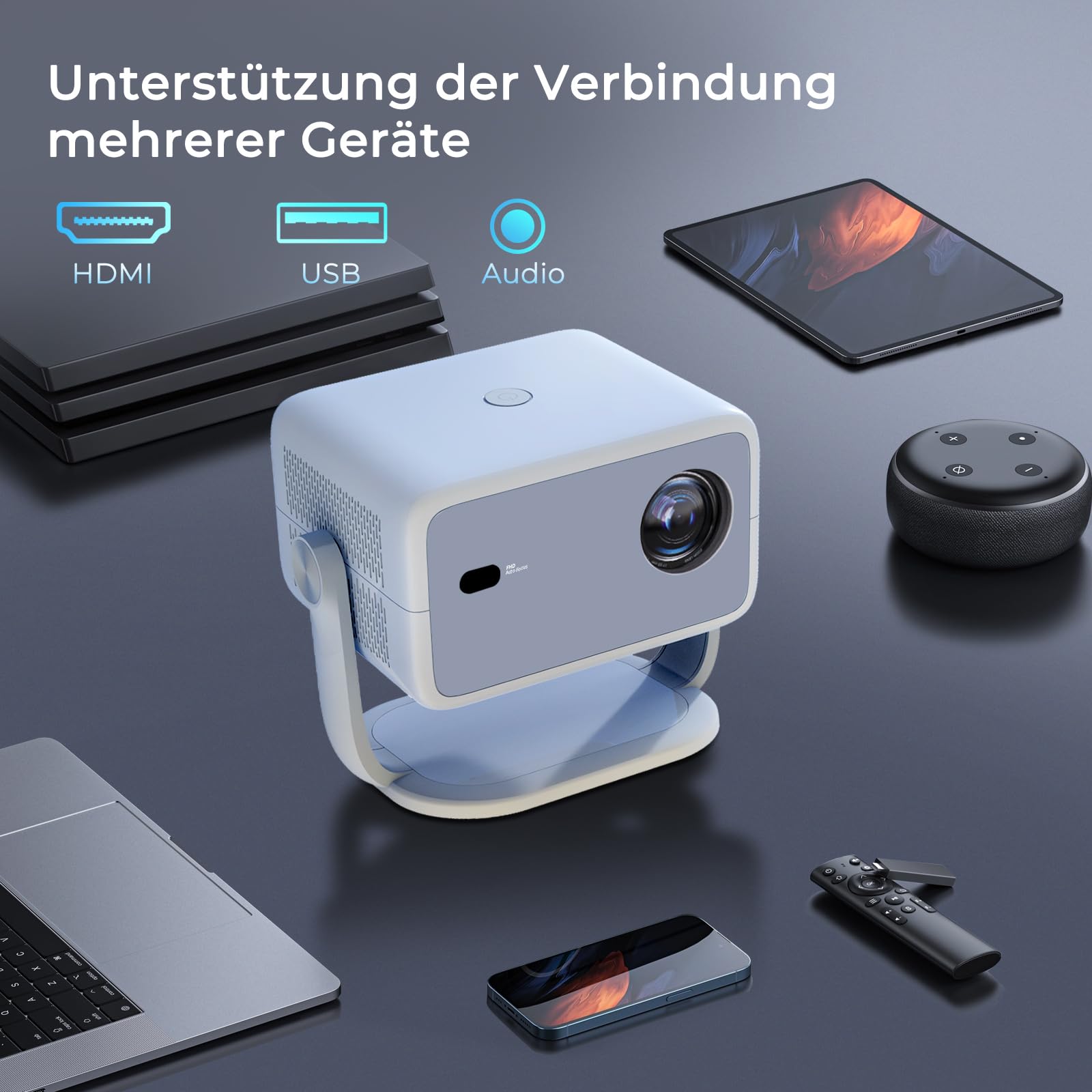 Proiettore FUDONI 4K Supporto Con Messa A Fuoco Elettrica E Correzione Automatica 6D – Native 1080P, WiFi 6, Bluetooth 5.4, Schermo Fino A 300 Pollici, Per Esterni E Home Theater