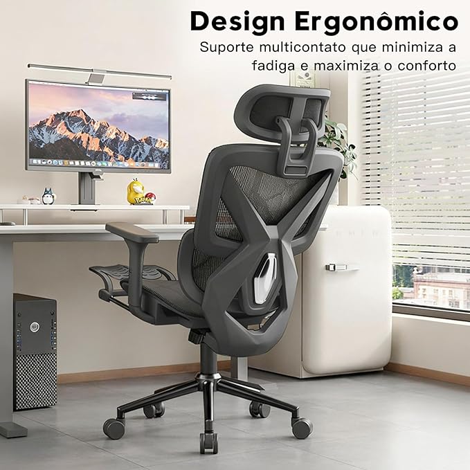 Cadeira de Escritório Ergonômica com Braços 3D, Assento Air Cushion, Apoio para Pés Retrátil (Preto)