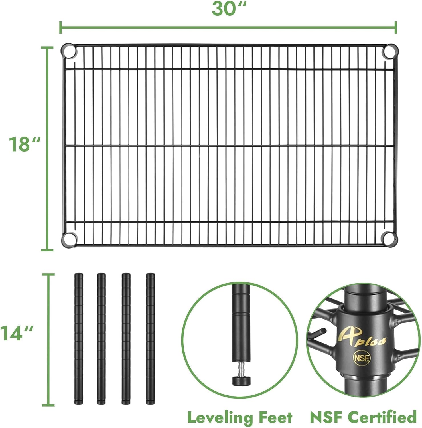 APLSS 18" D x 30" W x 14" H Black Heavy Duty Wire Shelving with 2 Tier Shelves, NSF Certified, Height Adjustable, Wet&Dry Environments, for Kitchen Garage Walk-in Cooler&Freezer, 800lbs Capacity