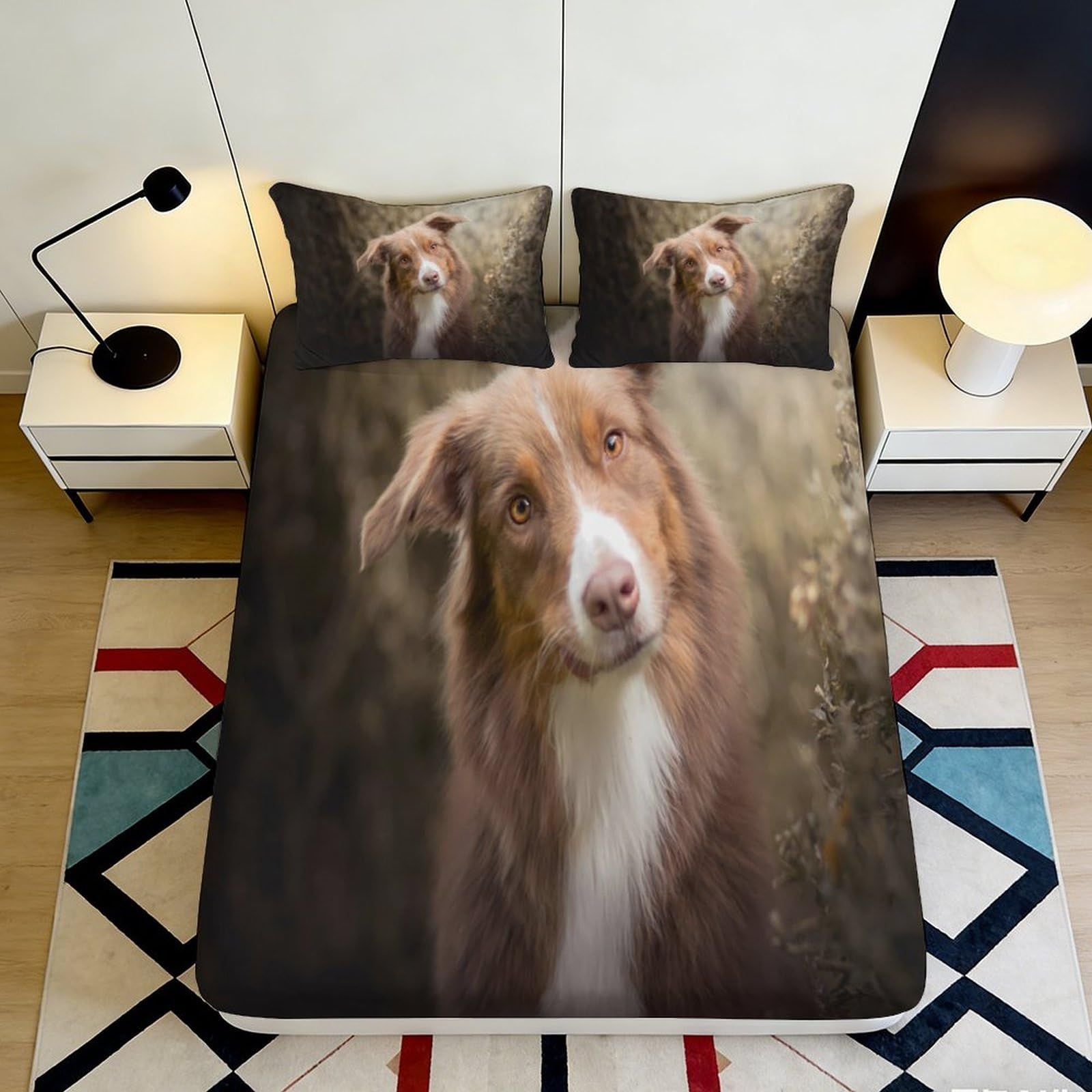 3D Printed Brown Australian Shepherd Dog Fitted Sheet Microfiber Non Slip Mattress Cover for Bedroom Guest Room Decor 180x200x25cm