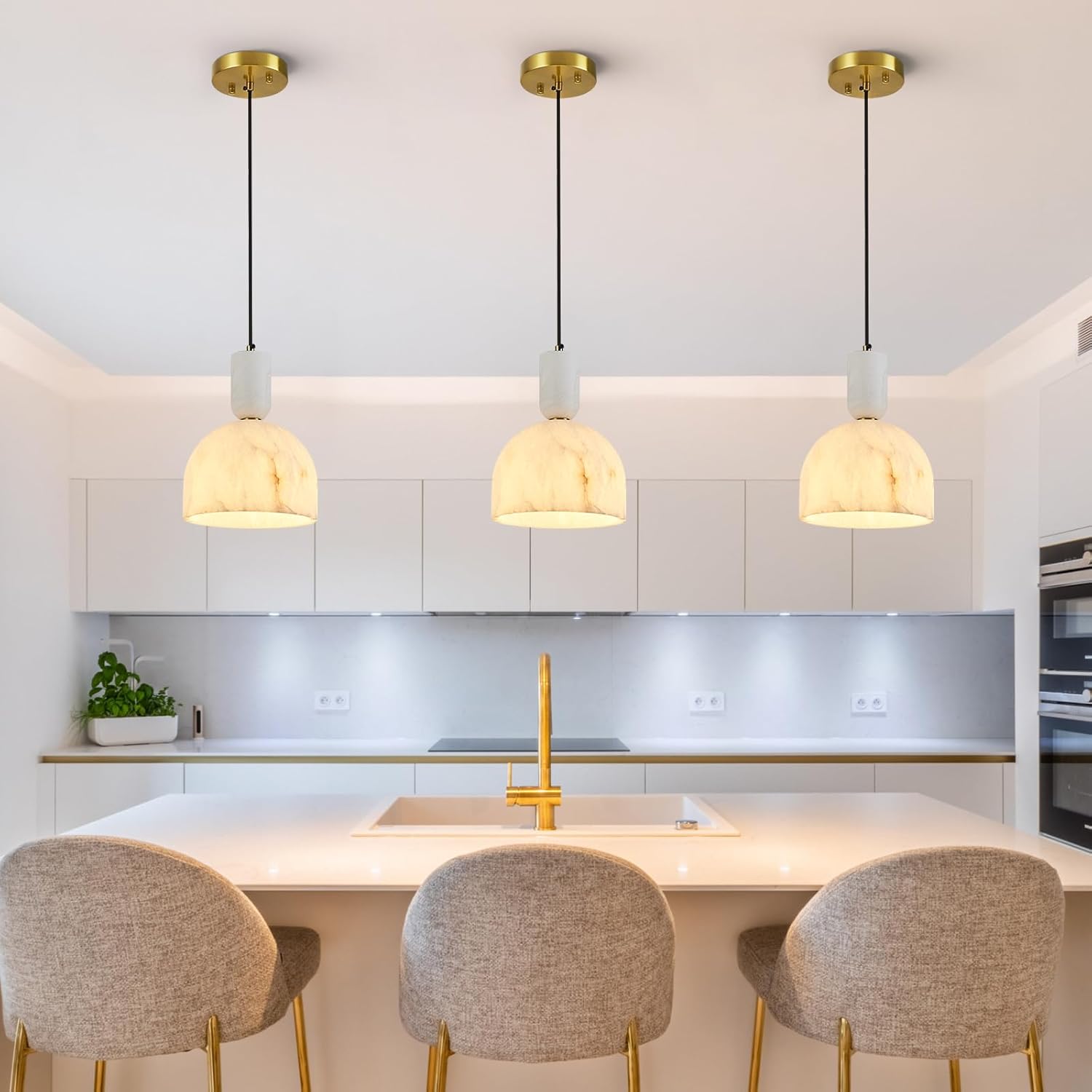 Modern Gold Pendant Light Natural Alabaster Big Dome Pendant Light Fixture Adjustable Height Hanging Lamp for Kitchen Island Dining Room Bedroom Bathroom(1 Pack)