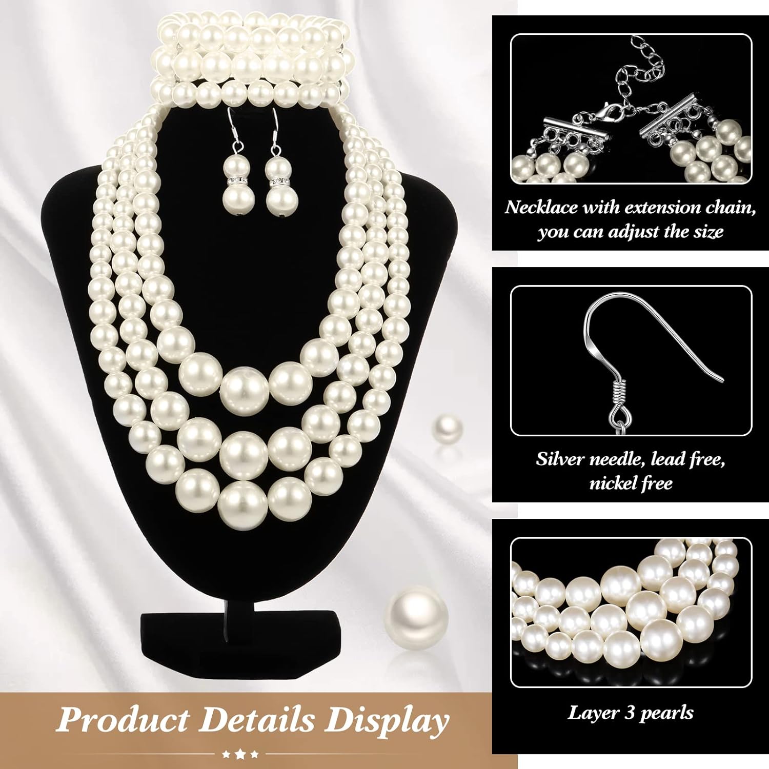 Haysandy 1920s Pearl Necklace for Women Costume Jewelry Set Faux Pearl Necklace Bracelet Earring for Party Wedding Gift - Image 4