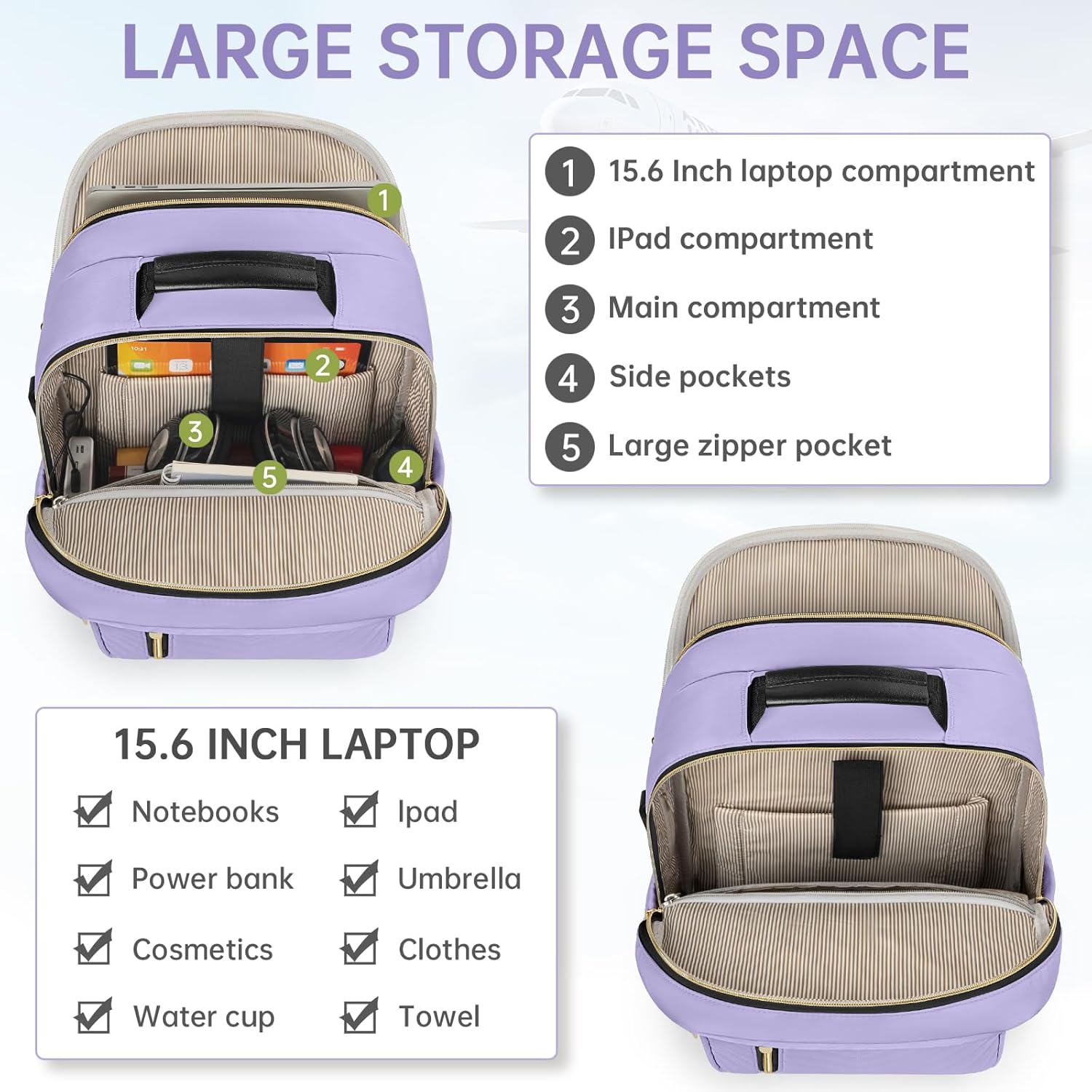 15.6 Inch Laptop Backpack for Women, Large Capacity Travel Backpack Purse with Multiple Pockets and Compartments Work Business Backpacks Teacher Bags, Light Purple