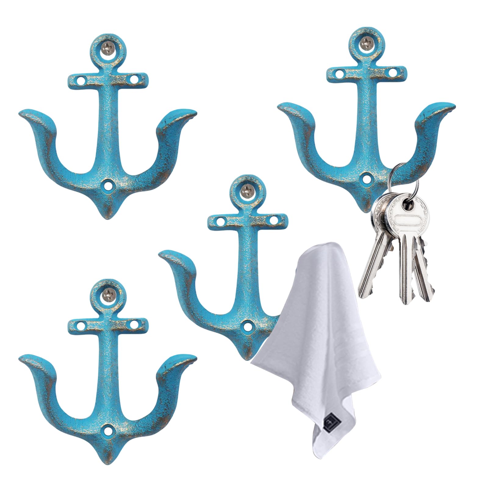 Nautical Anchor Decor, Cast Iron Wall Hooks Decorative, for Pool Towel Hooks Nautical Wall Hooks. (4Pcs Set Blue)