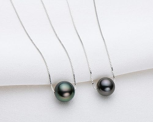 Miniatura 3 de 18K Gold Tahitian Black Pearl Necklace for Women, 10-11mm Tahitian Seawater Cultured Floating Single Pearl Pendant with Sterling Silver Chain