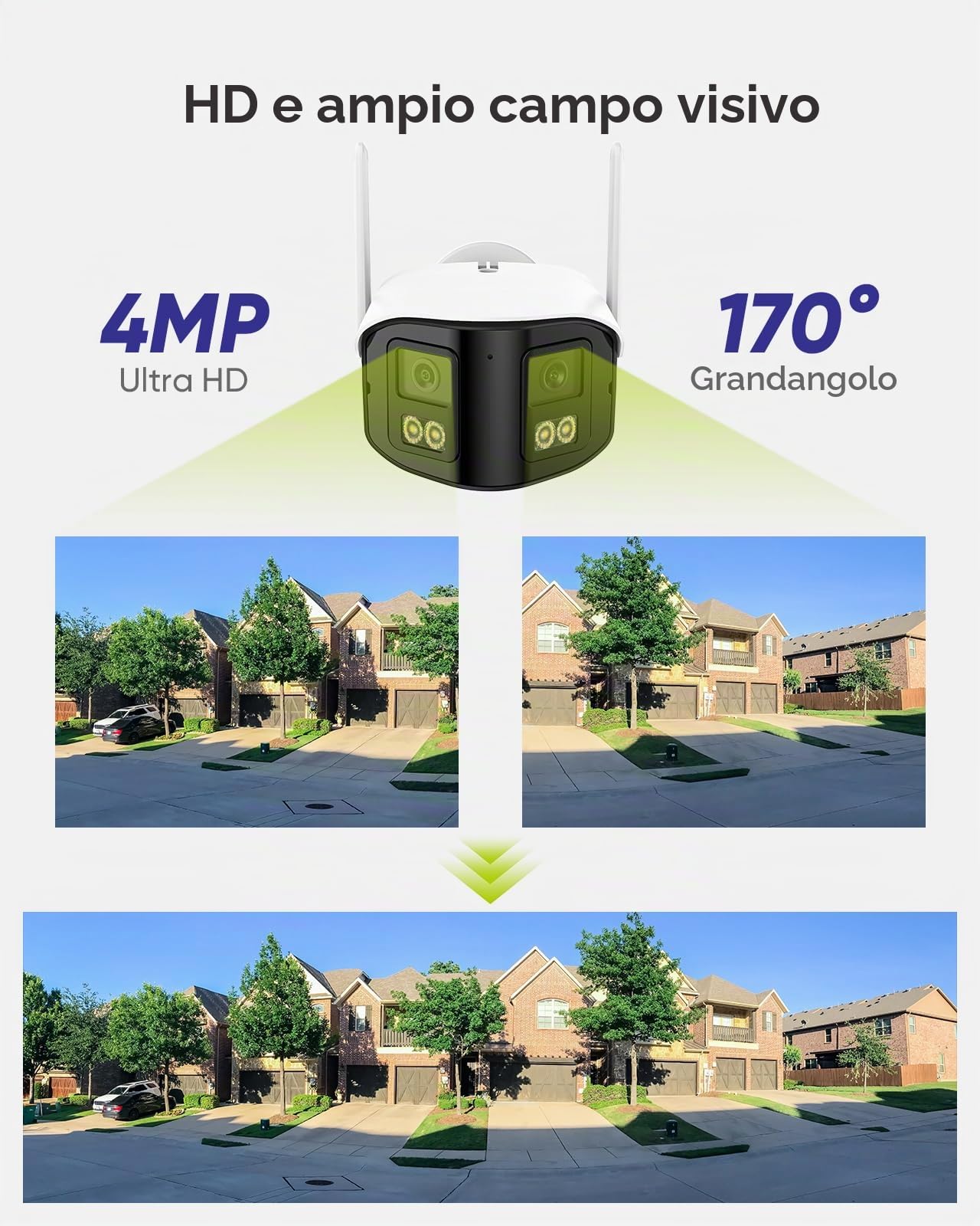 SANNCE 4MP Telecamera Wi-Fi Esterno & Interno Doppia Lente con 64GB microSD | Videocamera Sorveglianz WiFi 6 con 170 ° Grandangolare, Visione Notturna Colori, Audio a 2 Vie, Rilevamento Umana, Zoom 10X