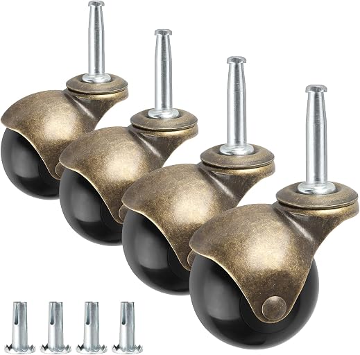 2" Ball Caster Wheels, casters Set of 4 Brass Vintage Antique Caster 5/16" x 1 1/2" (8 x 38mm) Wheels Pole with Sleeve for Furniture, Chairs, Cabinets, (casters Set of 4 Heavy Duty)