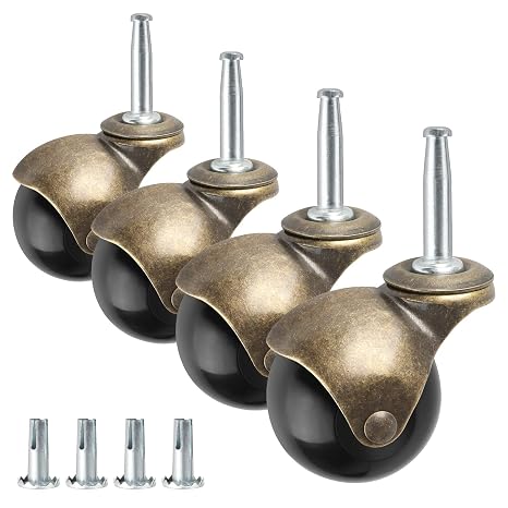 2" Ball Caster Wheels, casters Set of 4 Brass Vintage Antique casters 5/16" x 1 1/2" (8 x 38mm) Wheels Pole with Sleeve for Furniture, Chairs, Cabinets, (casters Set of 4 Heavy Duty)