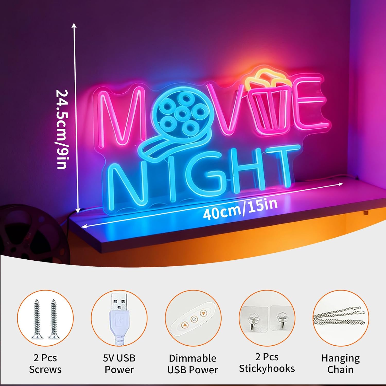 Movie Night LED Neon Sign, Popcorn Film Reel Neon Light, Home Theater Living Room Game Room Decor Movie Party Display USB Powered Decorative Light Wall Table Accent 15.7 x 9.6 In