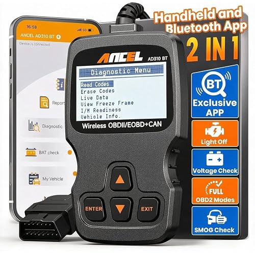 ANCEL AD310 BT OBD2 Scanner with Bluetooth, Car Code Reader Upgraded AD310 with Battery Voltage Monitor, Live Data, I/M Readiness, DTC Lookup Check Engine Code Reader for 1996+ Vehicles