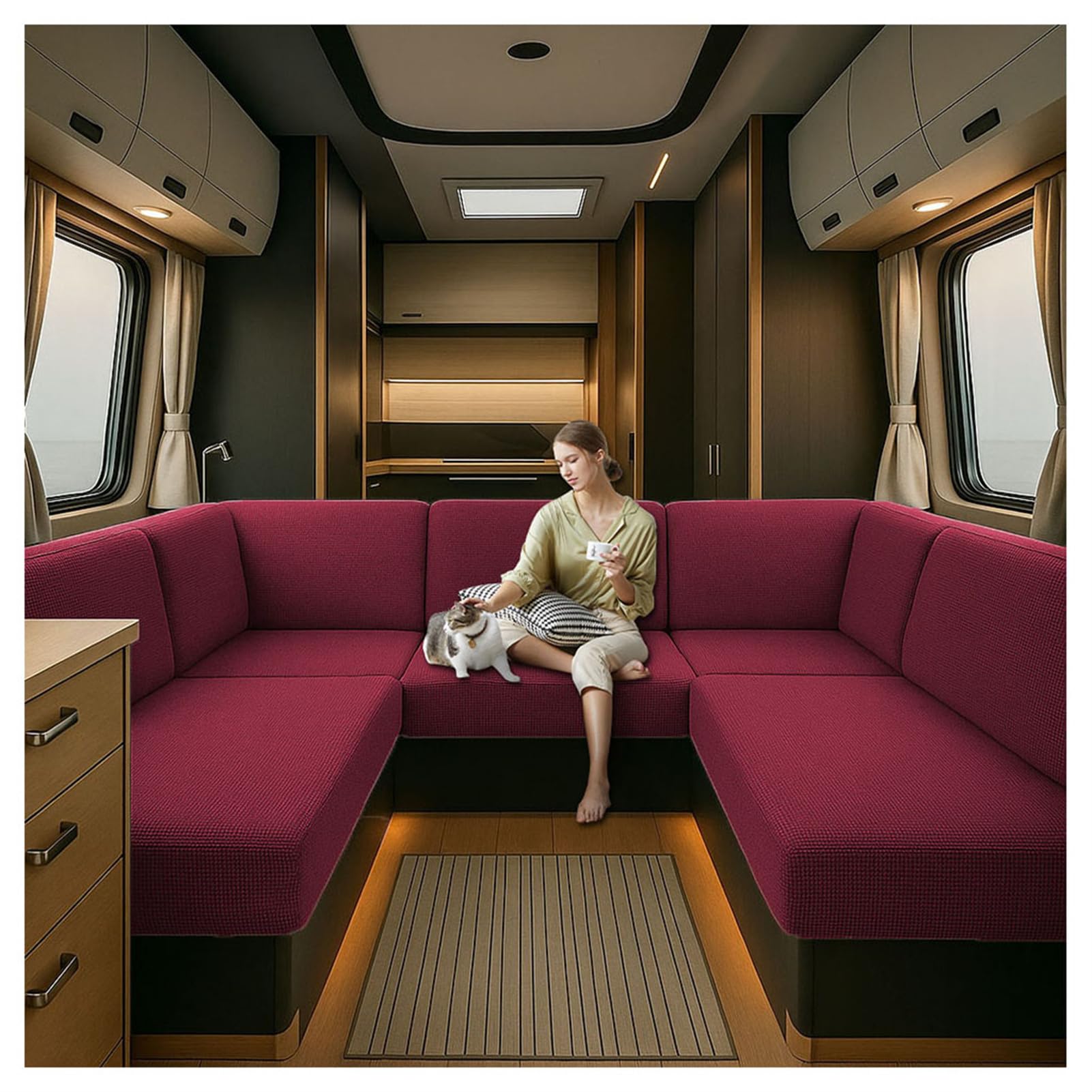 Caravan Seat Cover Waterproof Stretch Jacquard, Non-slip RV Dinette Cushion Covers with 2 Straps with Elastic Straps Multi-Size Fit for Camper, Motorhome & Indoor (Red,W 35-45cm, D 35-45cm)