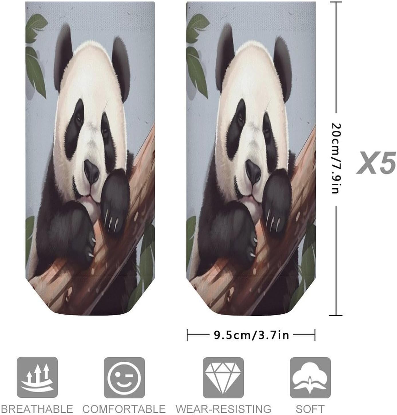 Women's Thin Elastic Socks Low-top Sports Invisible Cute Panda Printed Ankle Socks 5 Pairs Suitable for Travel Commuting Outdoor